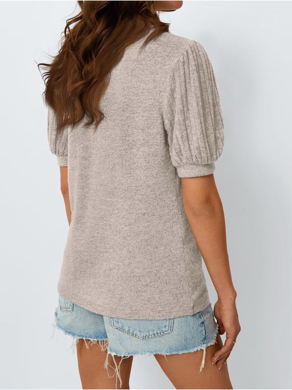 Khaki Color Puff-Sleeve Soft, Textured Top - Picture 3 of 4